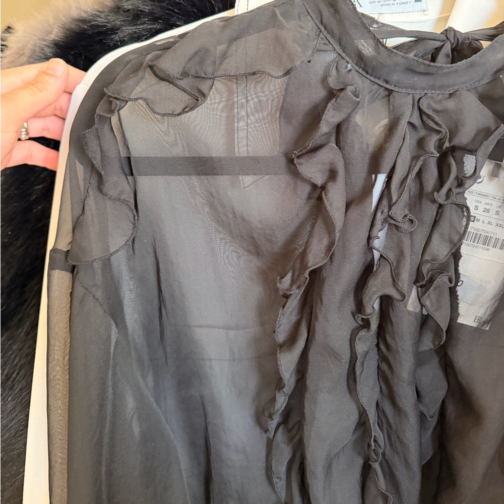 Zara NWT black ruffle long sleeve sheer mesh blouse - Picture 7 of 8